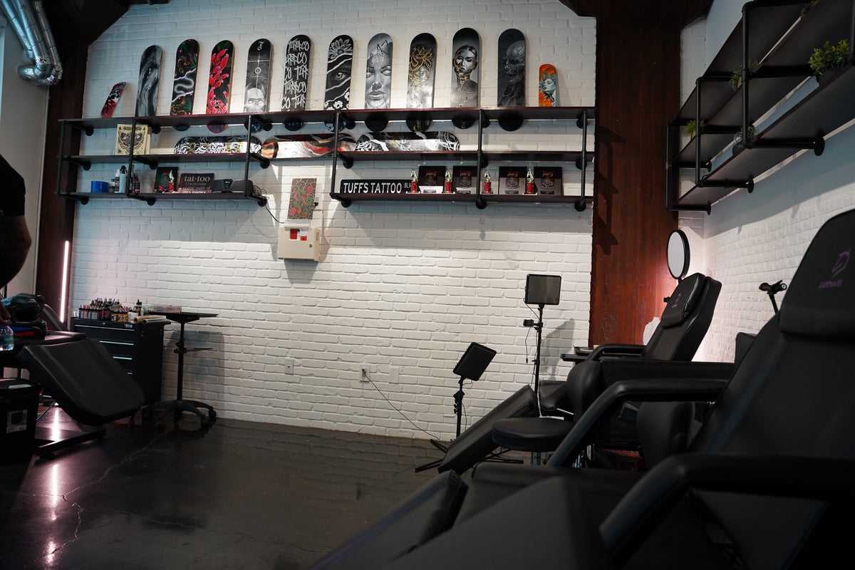 Tattoo station set up for a session at Tuff Tattoos in Tampa