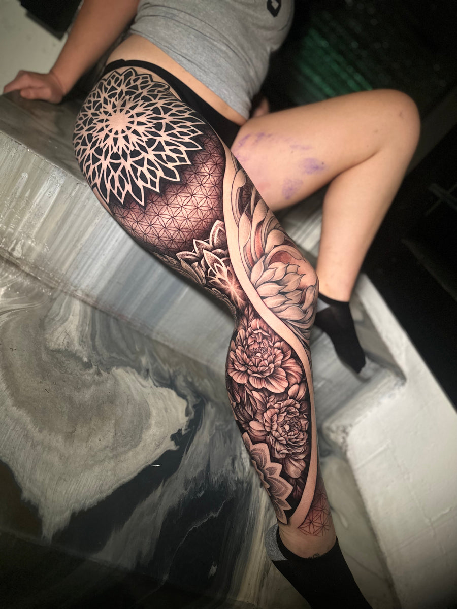 Mandala and peony hip and thigh piece by Ally