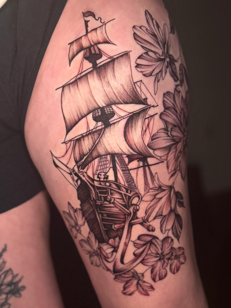 Fine line ship and floral tattoo by Ally