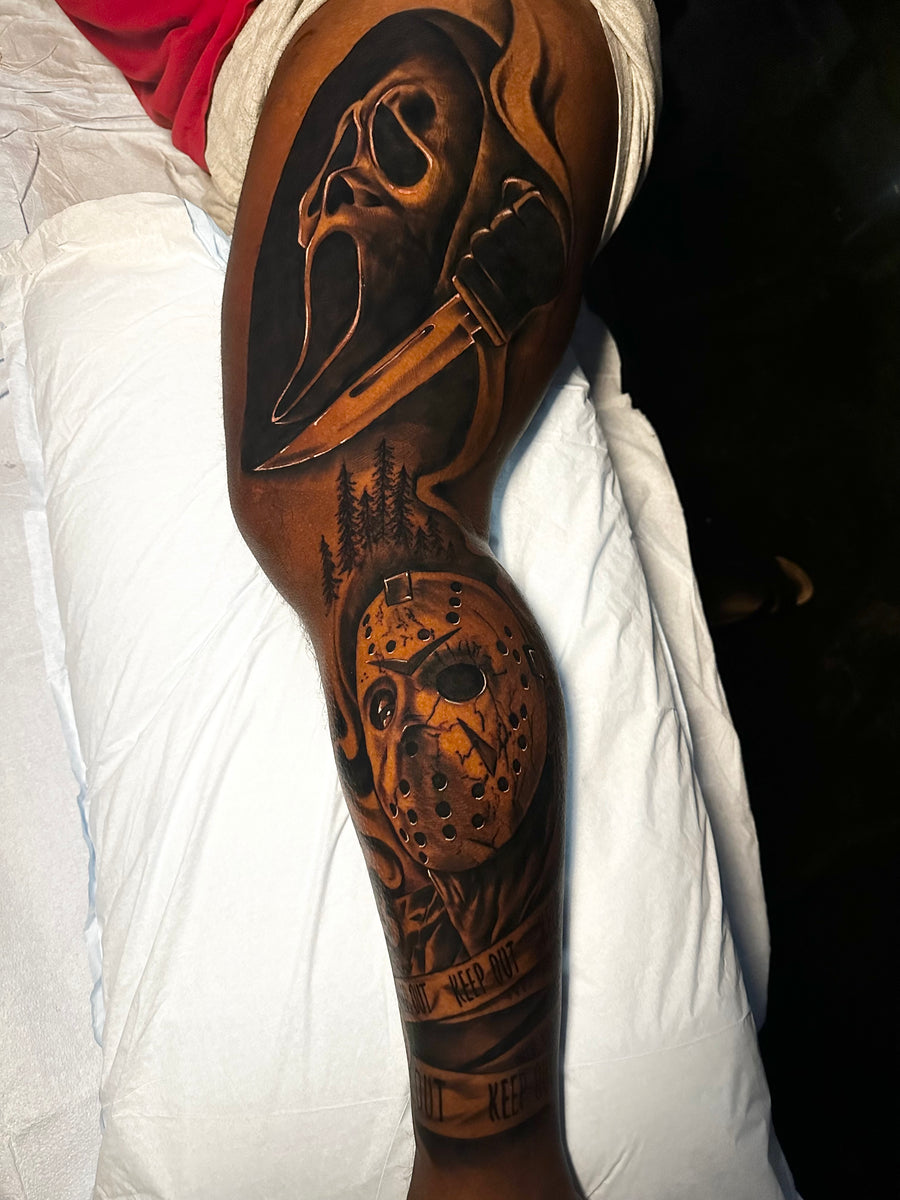 Black and grey realism horror movie leg piece by Ally