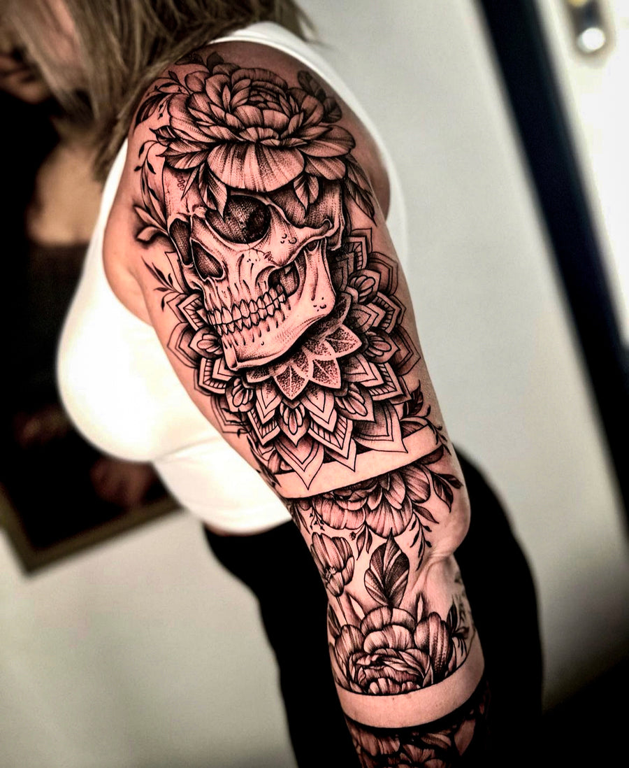 Skull and mandala half sleeve tattoo by Ally