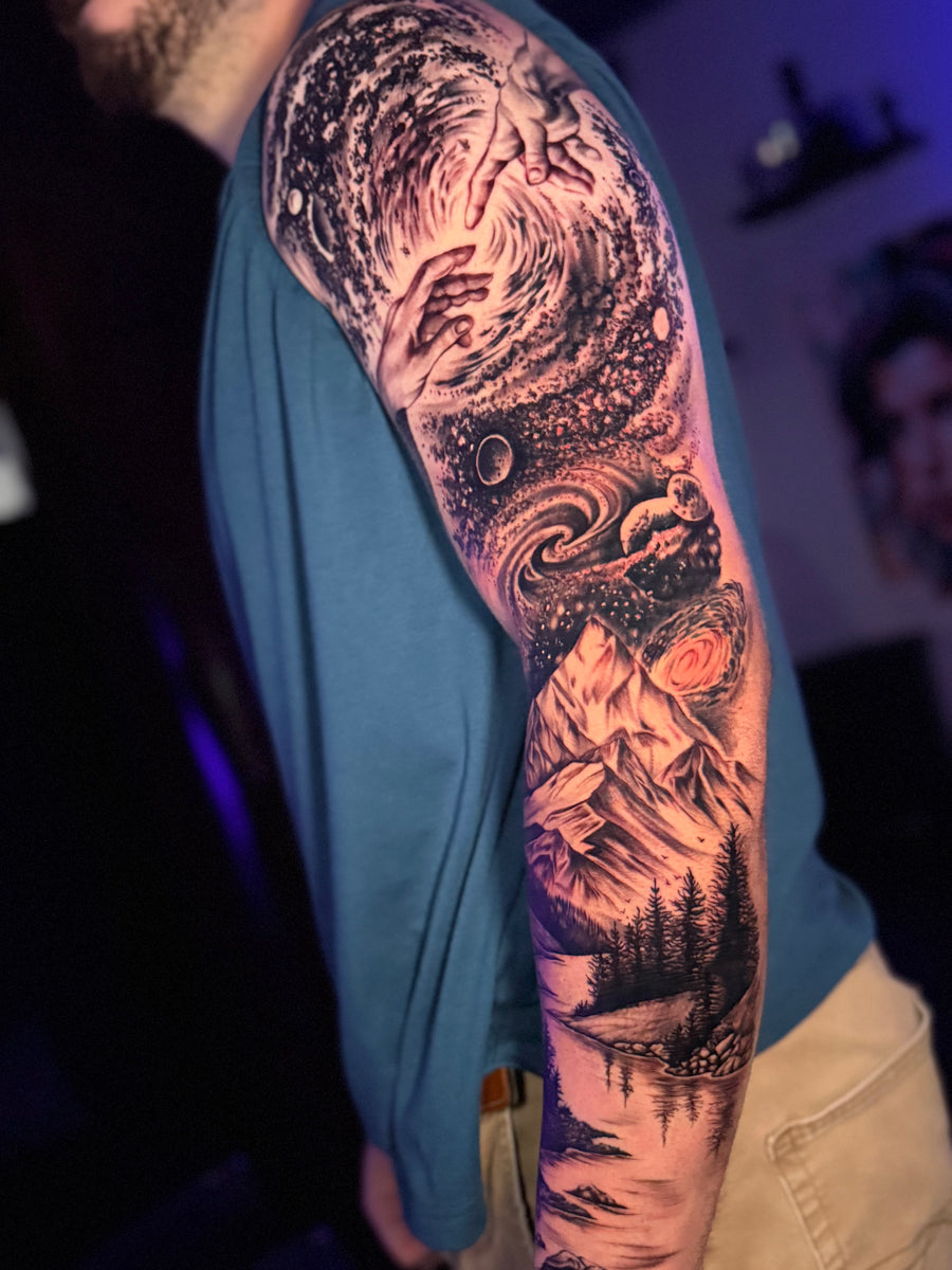 Black and grey realism space and mountain sleeve by Ally