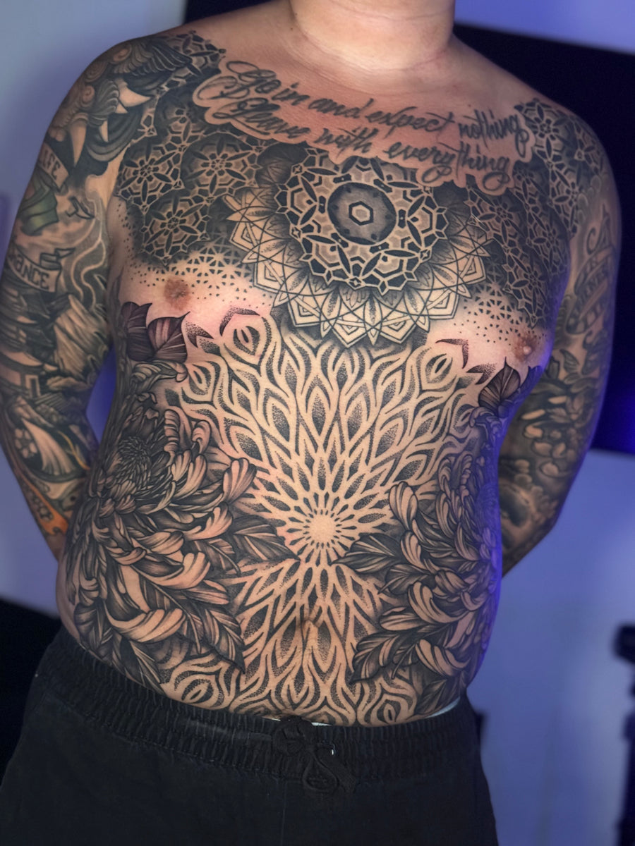 Mandala dotwork chest and torso piece by Ally
