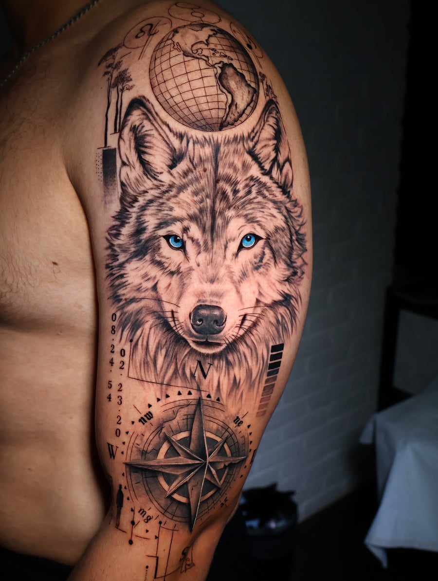 Fine line wolf and compass tattoo by Dido