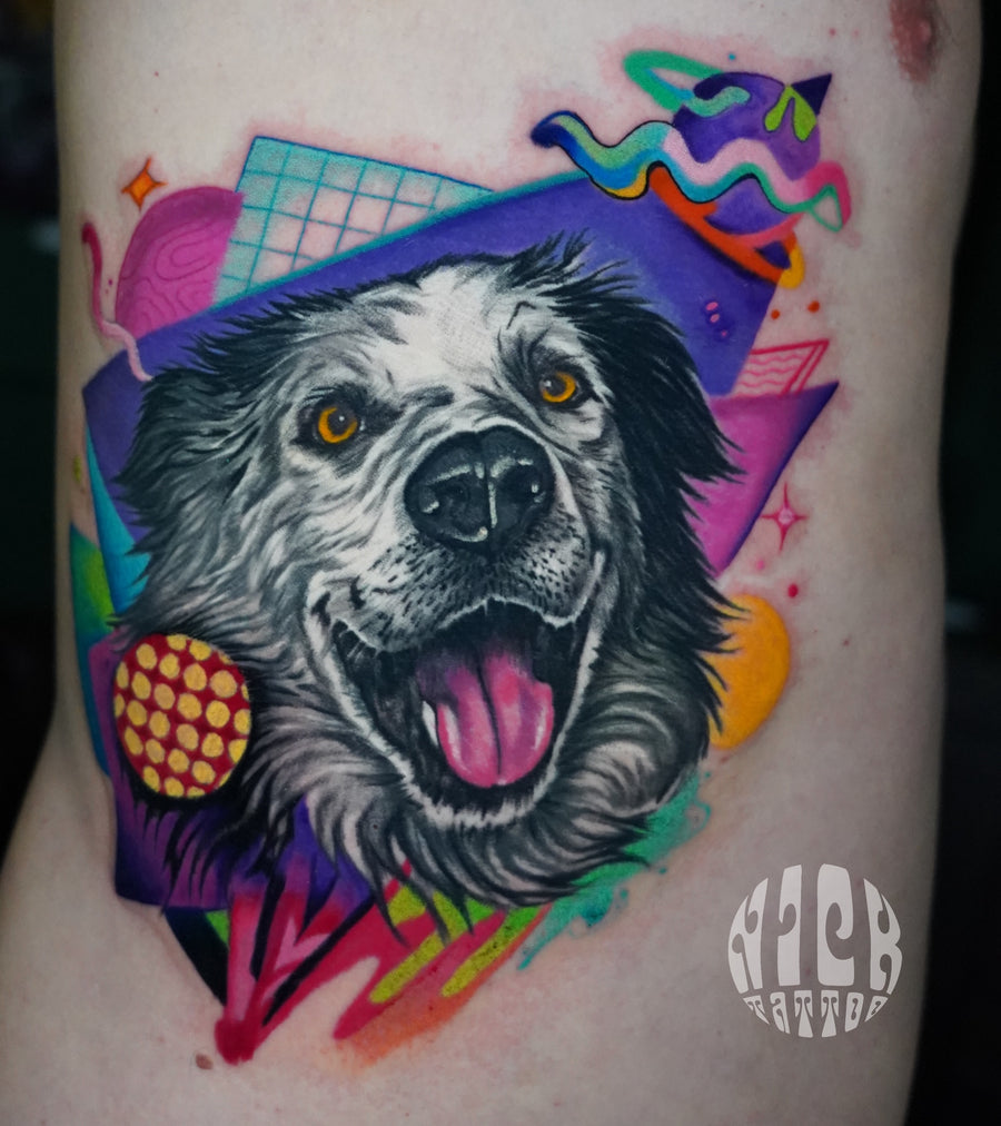 Colorful dog portrait tattoo by Nick